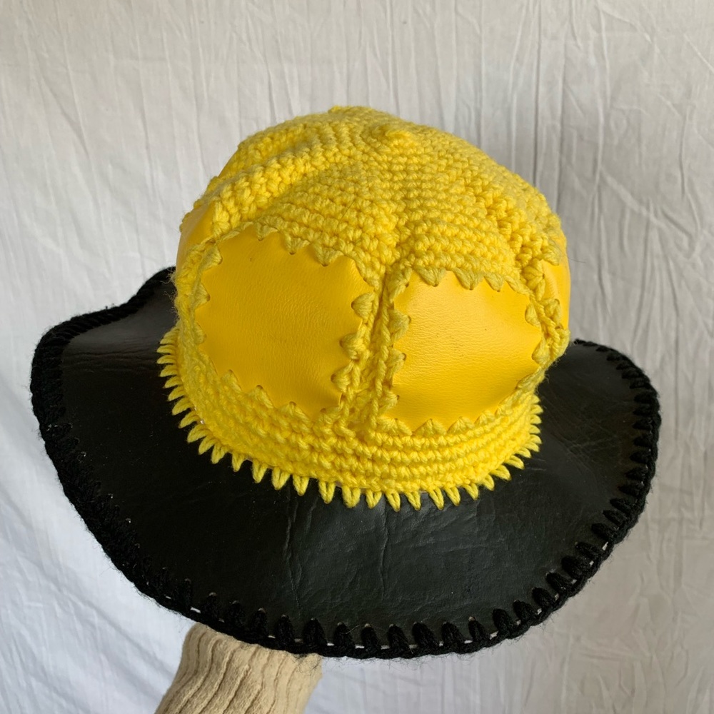 Unique Black & Yellow Crochet Faux Leather Bucket Hat